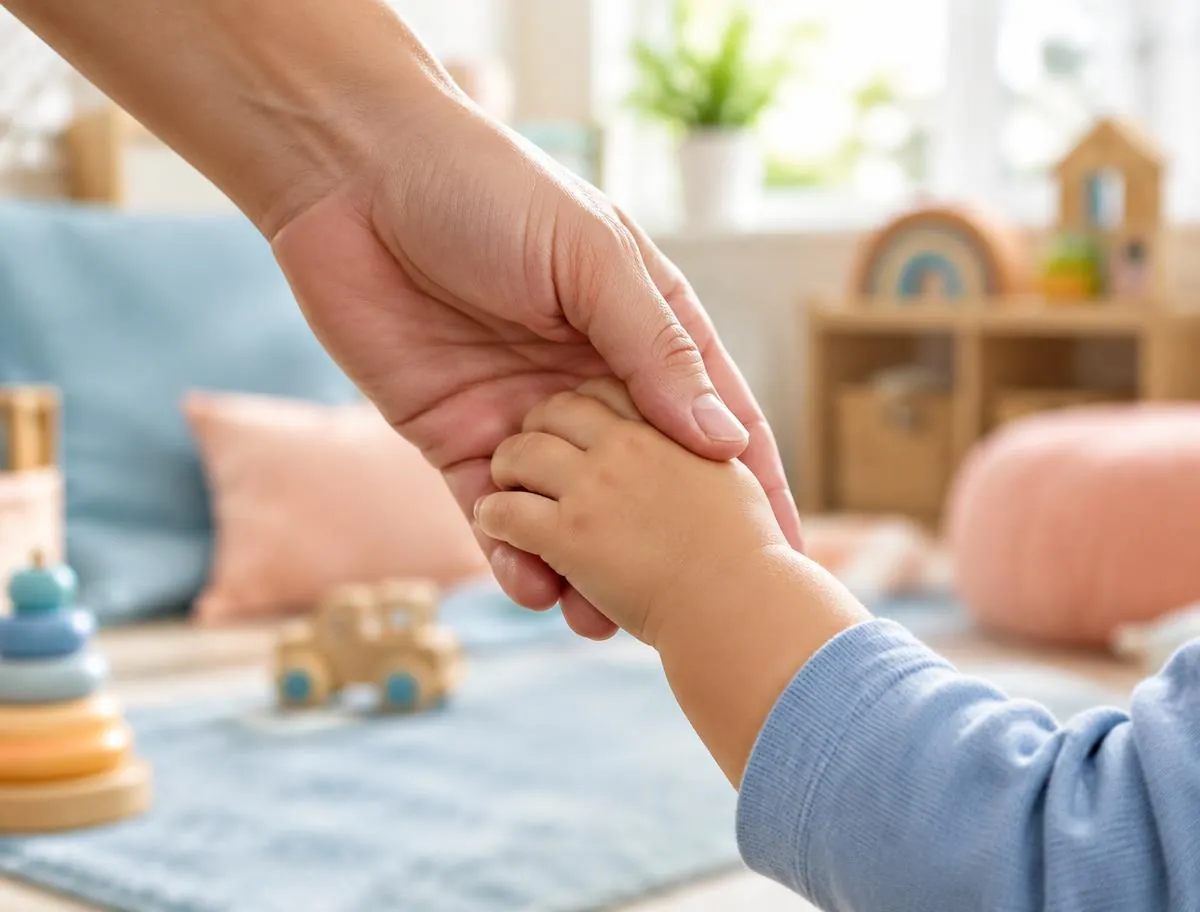 An adult's hand gently holding a toddler's hand in a cosy nursery room