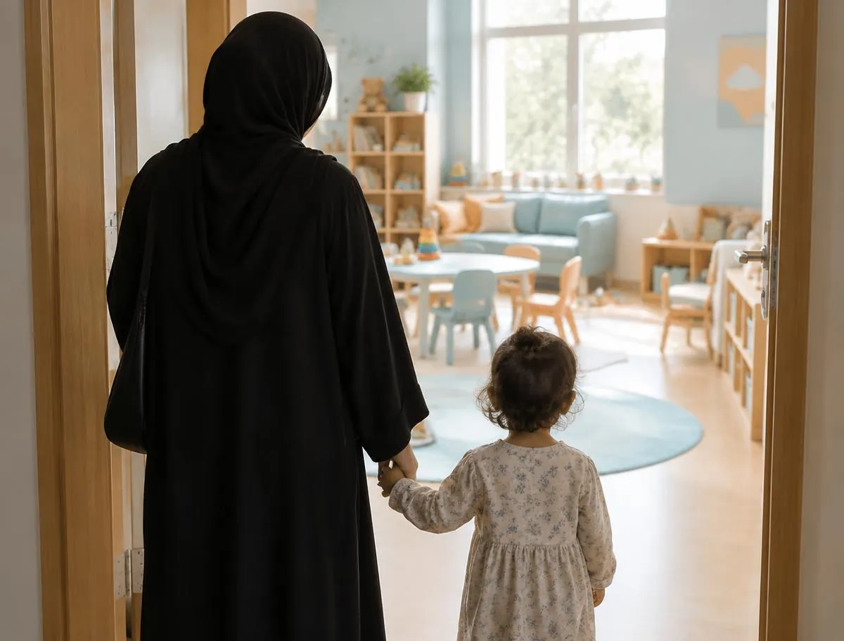 A parent and child seen from behind looking into a bright nursery classroom