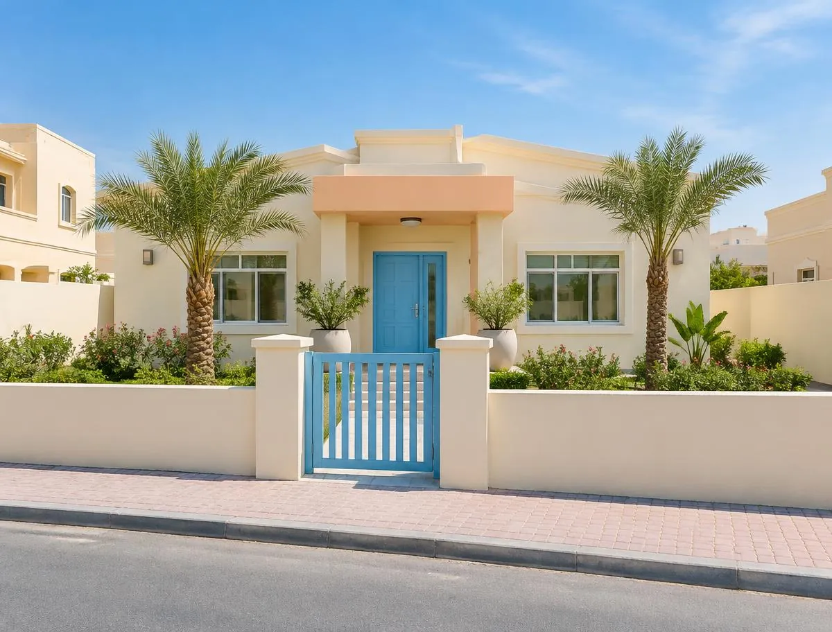 Single-storey villa-style building with a blue door, a garden and palm trees