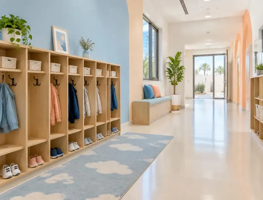 Welcoming entrance hallway with low wooden cubbies, coat hooks and small shoes