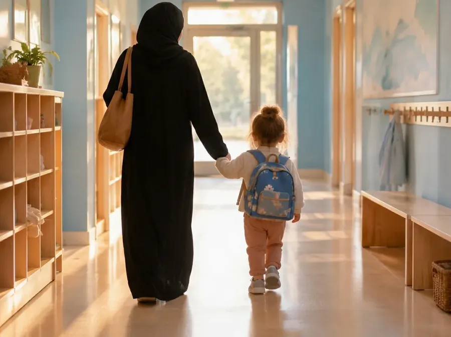 A parent and toddler seen from behind walking hand in hand down a nursery corridor