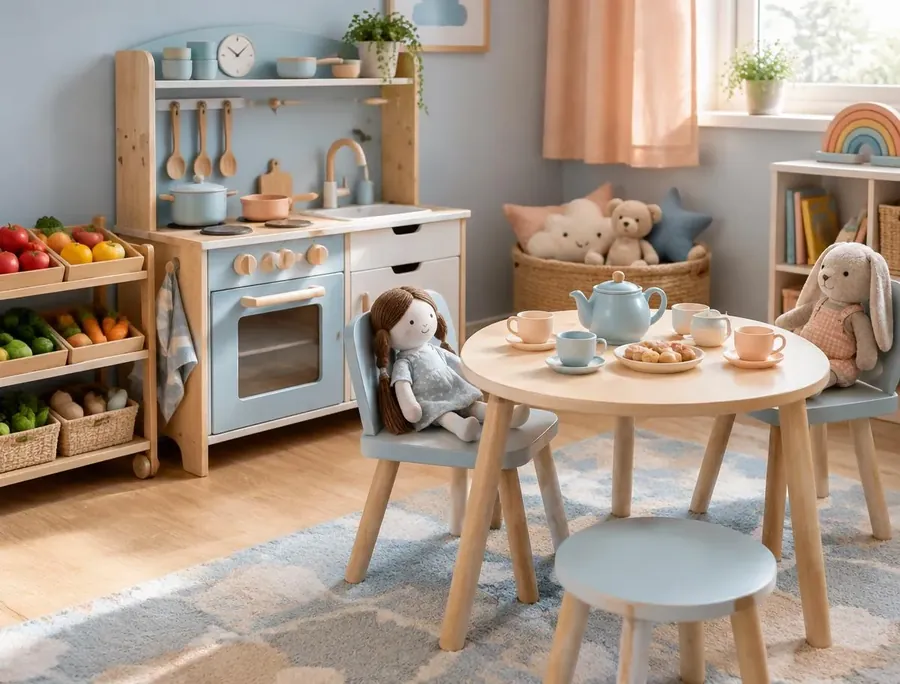 Pretend-play corner with a wooden play kitchen and a toy tea set