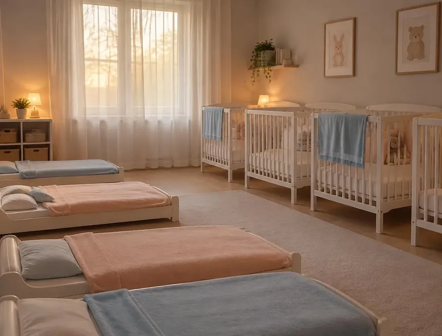 Calm nap room with cribs and low rest beds under soft blankets