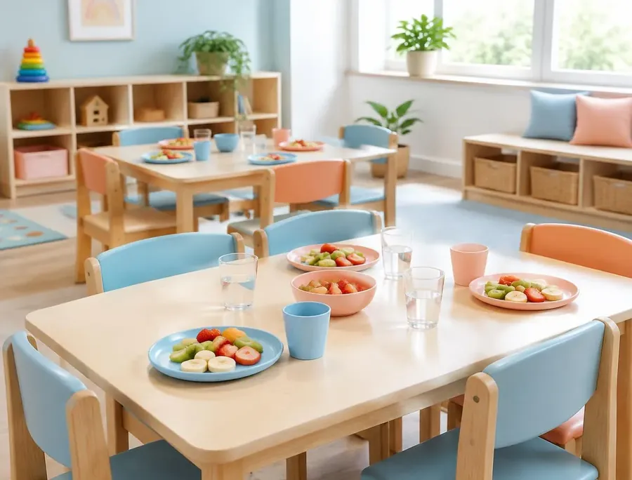 Child-sized tables set with fruit snacks and cups of water