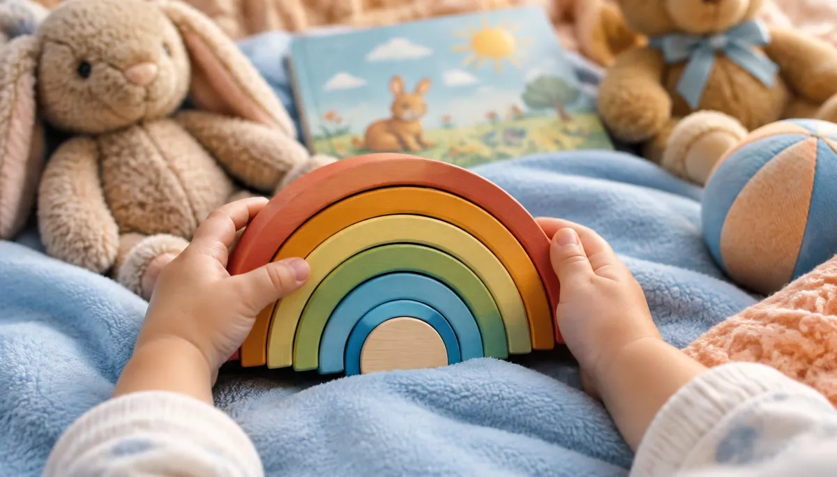 A toddler's hands holding a wooden rainbow toy on a soft blue blanket