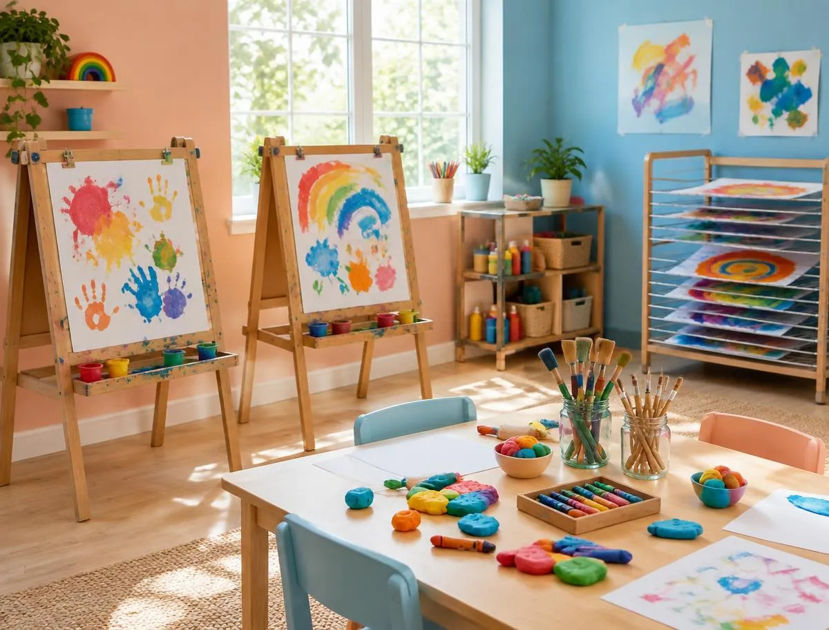 Art corner with children's easels, paintings and a craft table