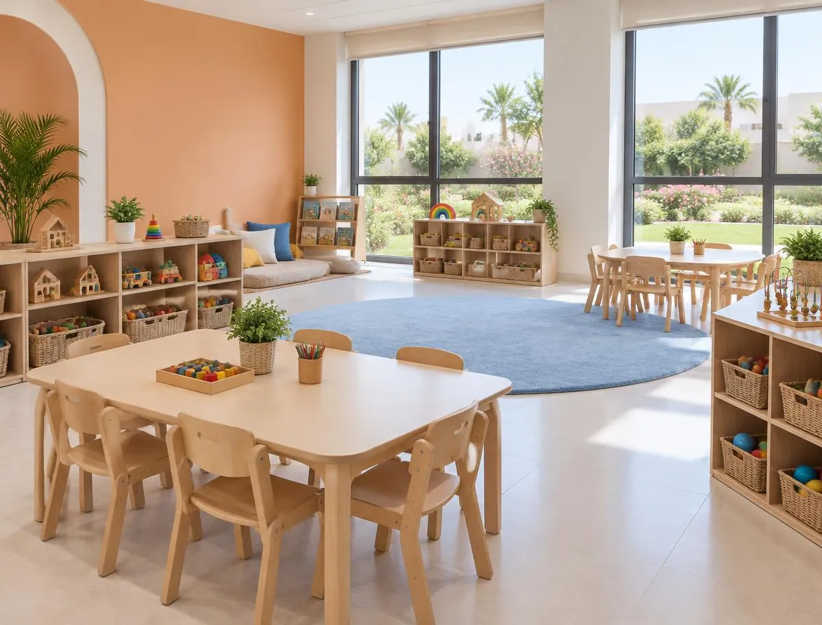 Bright classroom with small tables, toy shelves and a round blue rug