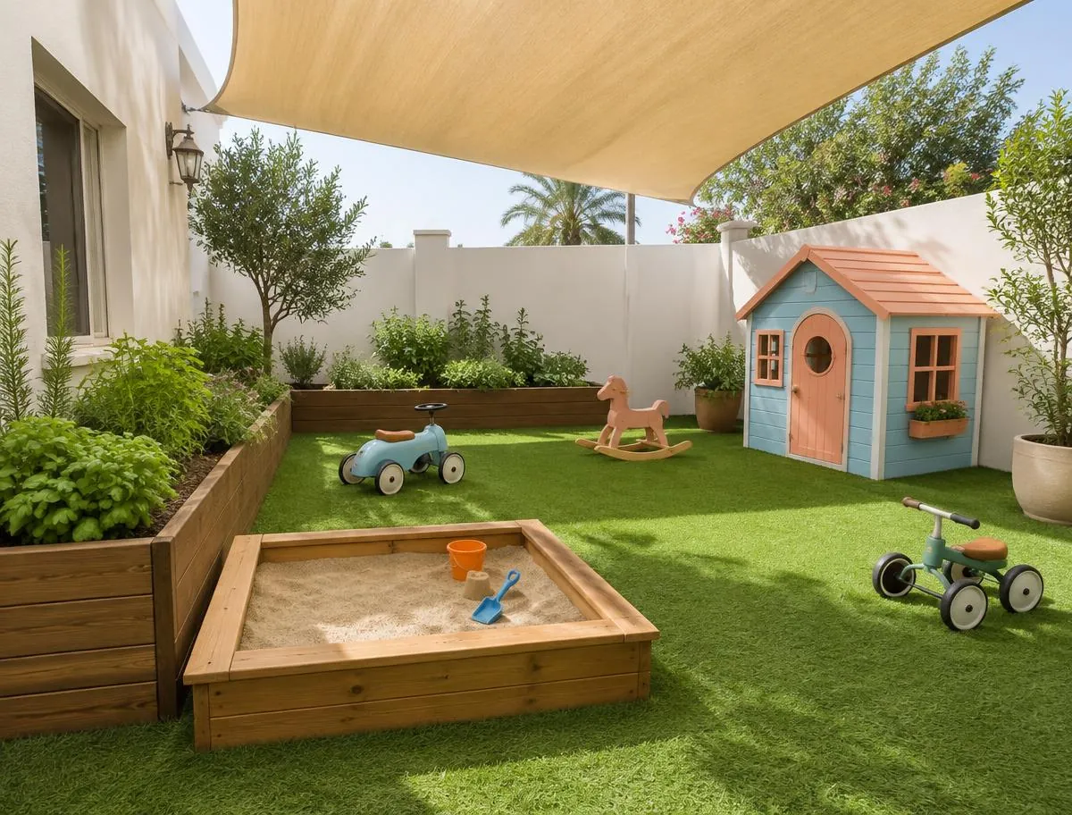 Shaded garden with a sandpit, ride-on toys and a small playhouse