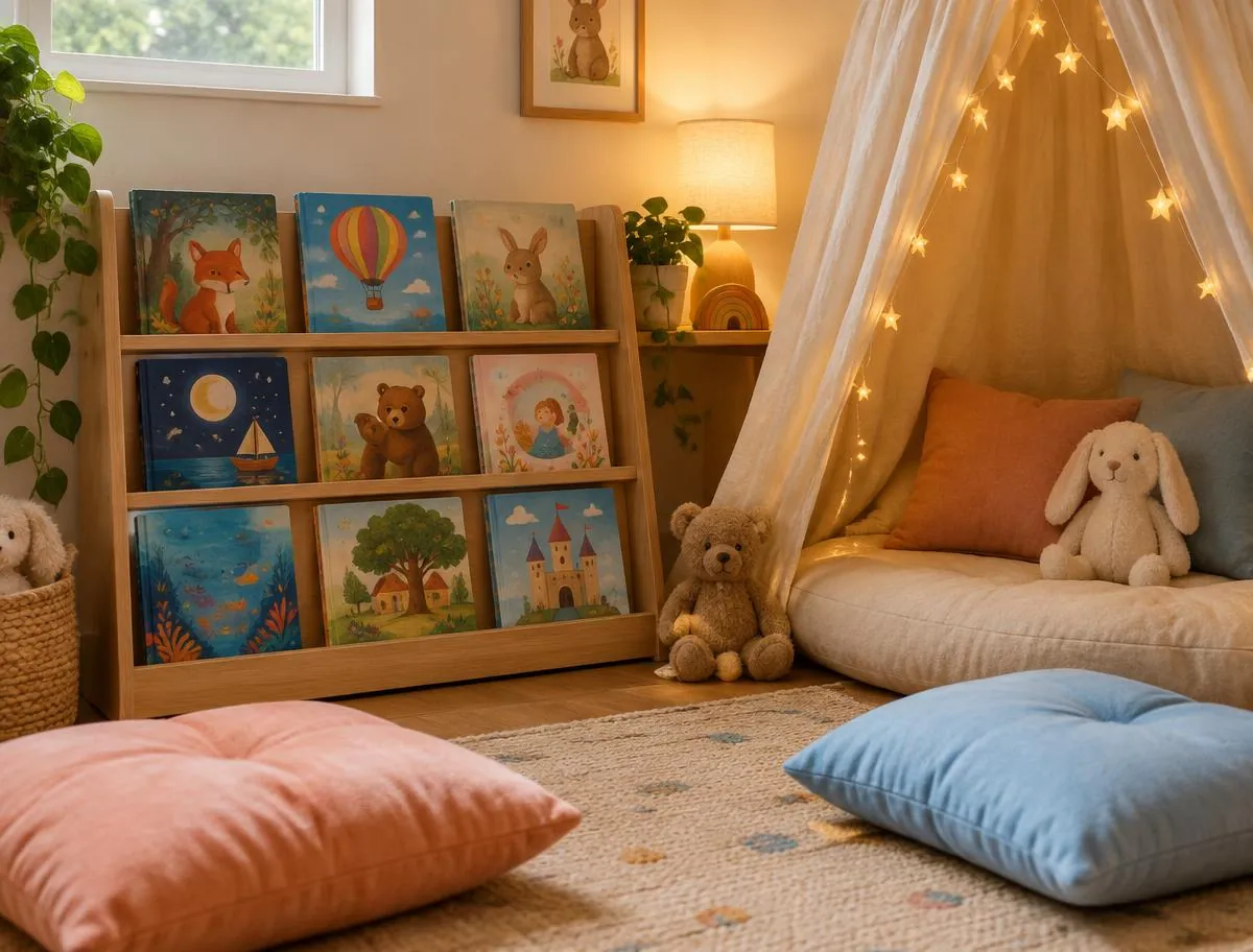 Cosy reading corner with picture books, floor cushions and a canopy tent