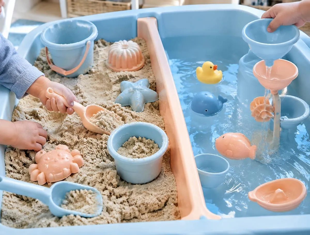 Children's hands playing at a sand and water sensory table