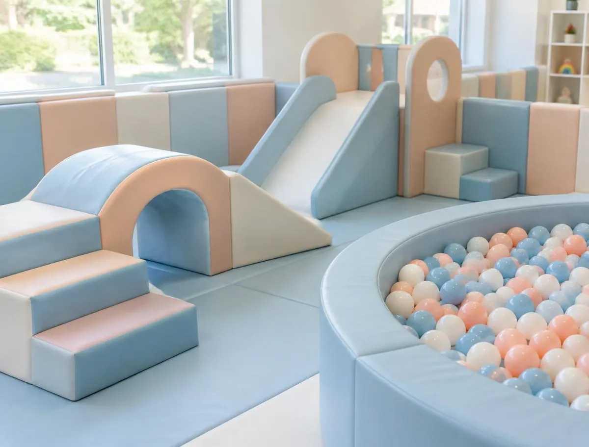 Indoor soft play area with foam climbing shapes, a slide and a ball pit