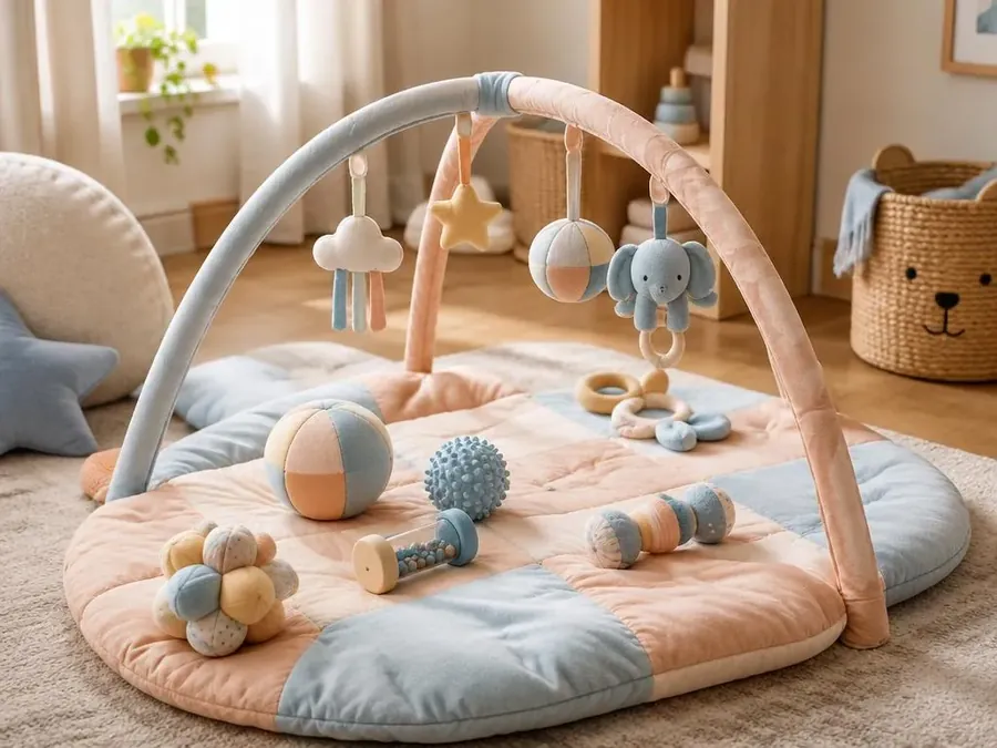 Baby play gym on a soft quilted mat with sensory rattles and balls