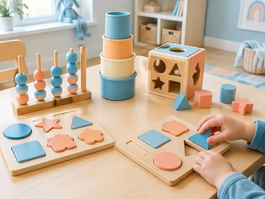 A child's hand fitting a piece into a wooden shape puzzle beside counting beads