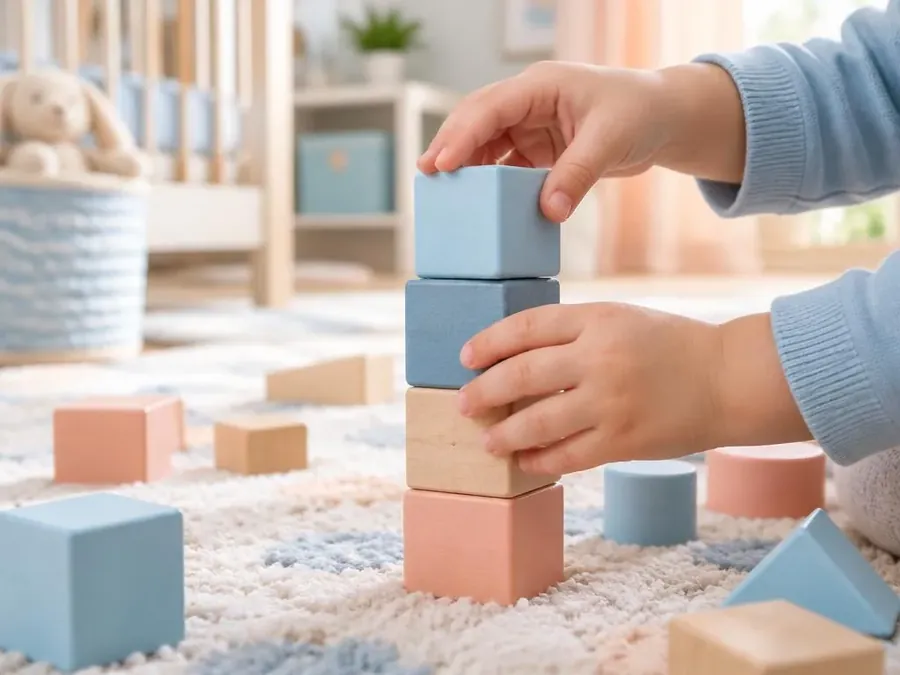 A toddler's hands stacking pastel wooden blocks on a soft rug